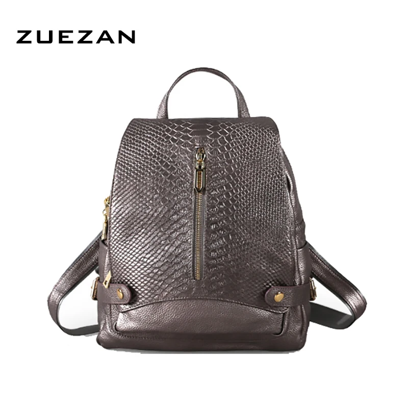 Large Leather Daypack Women Genuine Leather Backpack, Girl Snake Pattern Shoulder Bags, Female Natural Cowhide School Bag , A042