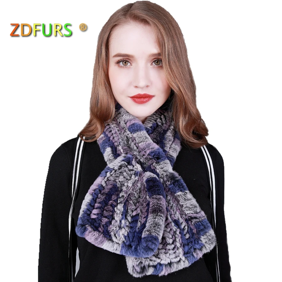 

ZDFURS *High Quality Fashion Womens Knitted Rex Rabbit Fur Scarves Natural Fur Neckerchief Winter Real Fur Wraps fishtail scarf