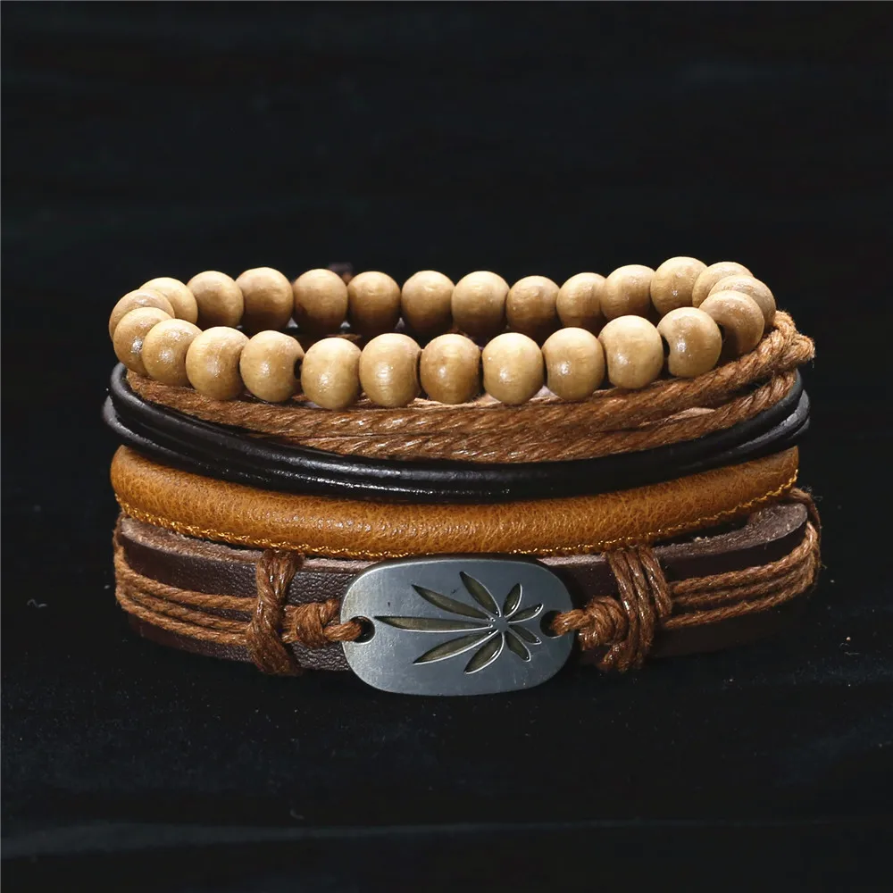 Fashion Maple Leaf Multilayer Leather Bracelet Braided Handmade Charm Femme Homme Bead Wrap Women Men Bracelets & Bangles Male