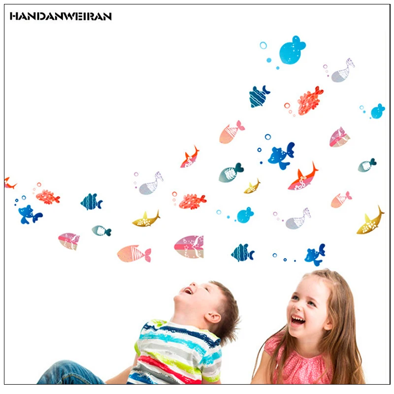 1PCS Color Happy Little Fish Sticker Children room Shower Room Decorate Wall Decals Removable PVC Wall sticker Children stickers