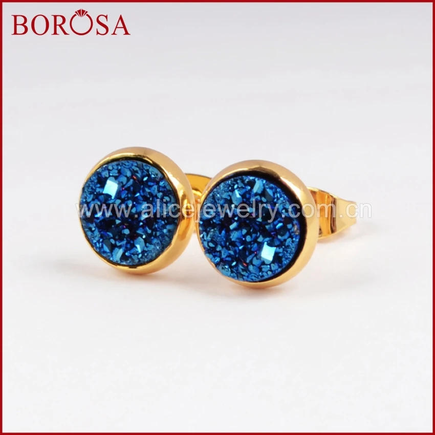 

BOROSA Ins Style Exquisite Sweet 8mm Quartz Crystal Stud Earrings Natural Geode Blue Titanium AB Druzy Golden For Women Jewelry