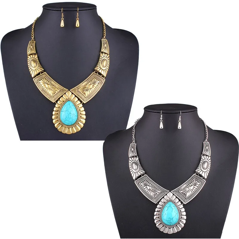 Vintage Indian Jewelry Set Women Alloy Choker Resin Punk Necklace Earring Set Statement Pendant Chain Necklace Set Duftgold