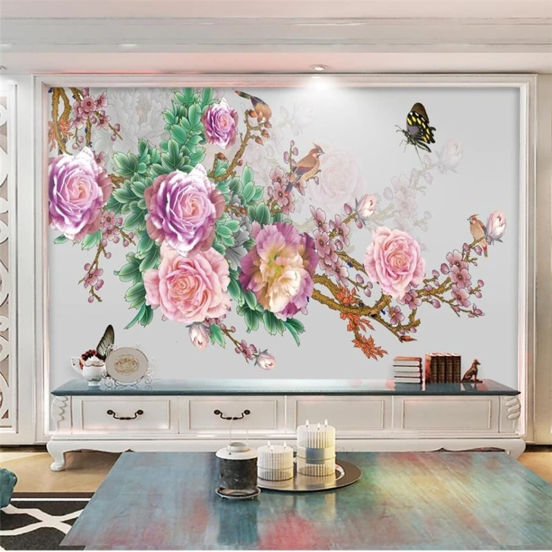 beibehang High-definition peony plum blossoms and rich Chinese TV background wall painting custom large mural green wallpape