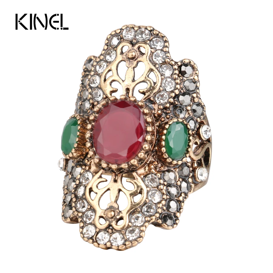 2021 New From India Unique Red Antique Ring Color Ancient Gold Vintage Crystal Rings For Women Party Jewelry