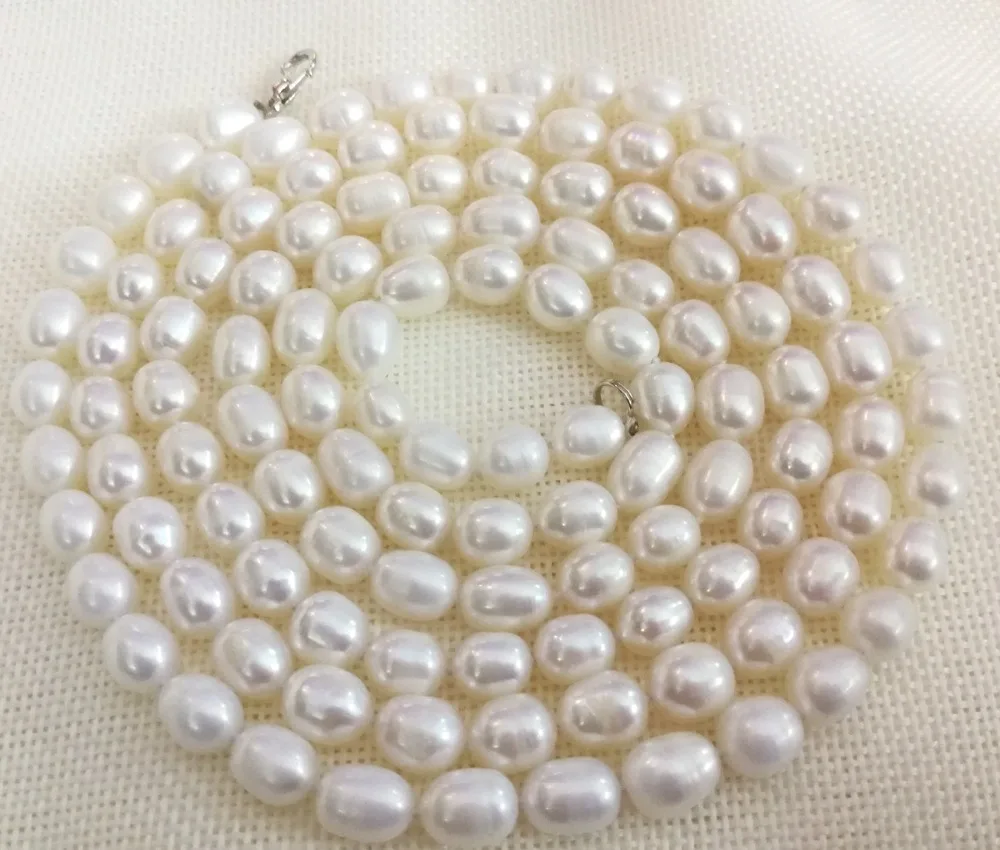 

120cm 50inch Long necklace 9x10mm bright white oval round Real cultured freshwater pearl Jewelry gift