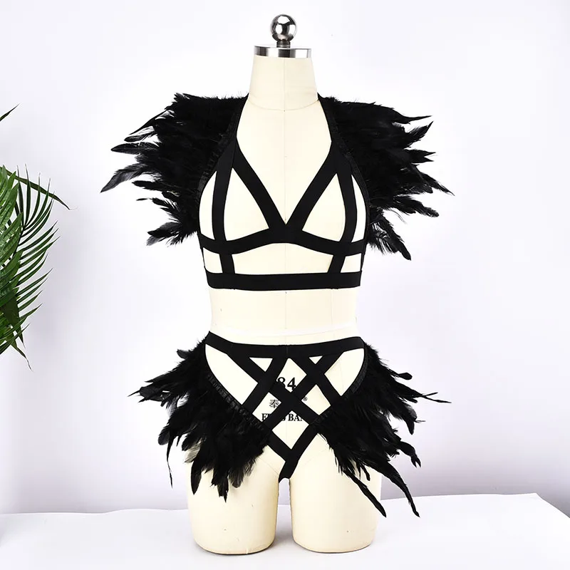 

Black Feather Epaulet Shoulder Piece Body Harness Set Feather Harness Epaulets Edgy Fashion Shoulder Accessories Cosplay Garter