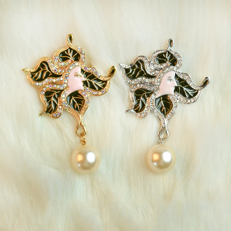 New Arrivals Green leaves brooch for women Hijab pins mori girl Rhinestone Brooches Europe and America Retro pearl brooch X1627