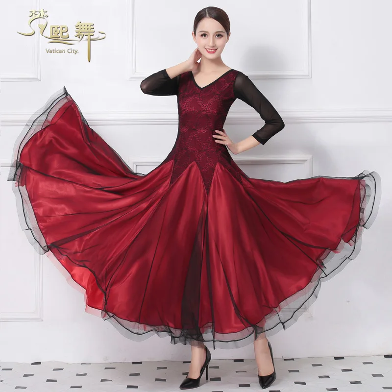 Phụ nữ Khiêu Vũ Khiêu Vũ Ăn Mặc Cô Gái Tango Nhảy Múa Cạnh Tranh Váy Phụ Nữ Flamenco Waltz Nhảy Múa Phong Tục Ren Dài Tay Áo D-0375