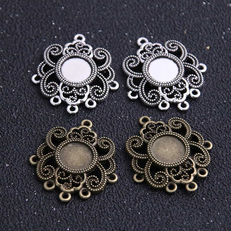 4pcs/lot 10mm Inner Size Two Color Fame Style Flowers Round Cabochon Connector + Glass Base Setting Charms Pendant