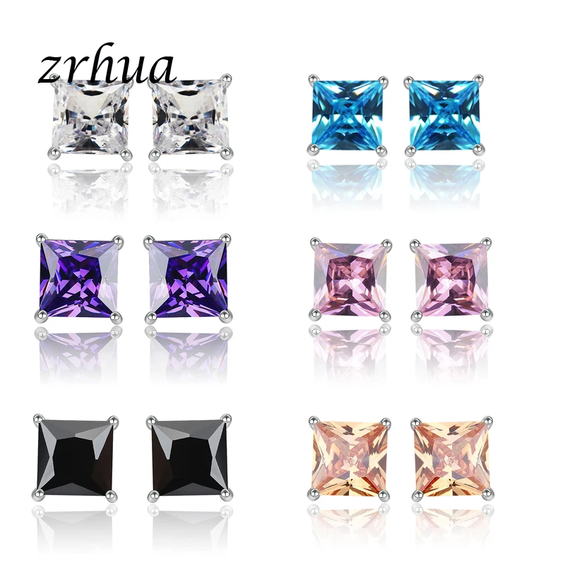 

ZRHUA 925 Silver Needle High Quality Stud Earrings Jewelry Women Accessories Square Vintage Chic Cubic Zircon 4 Claws 8 Colors