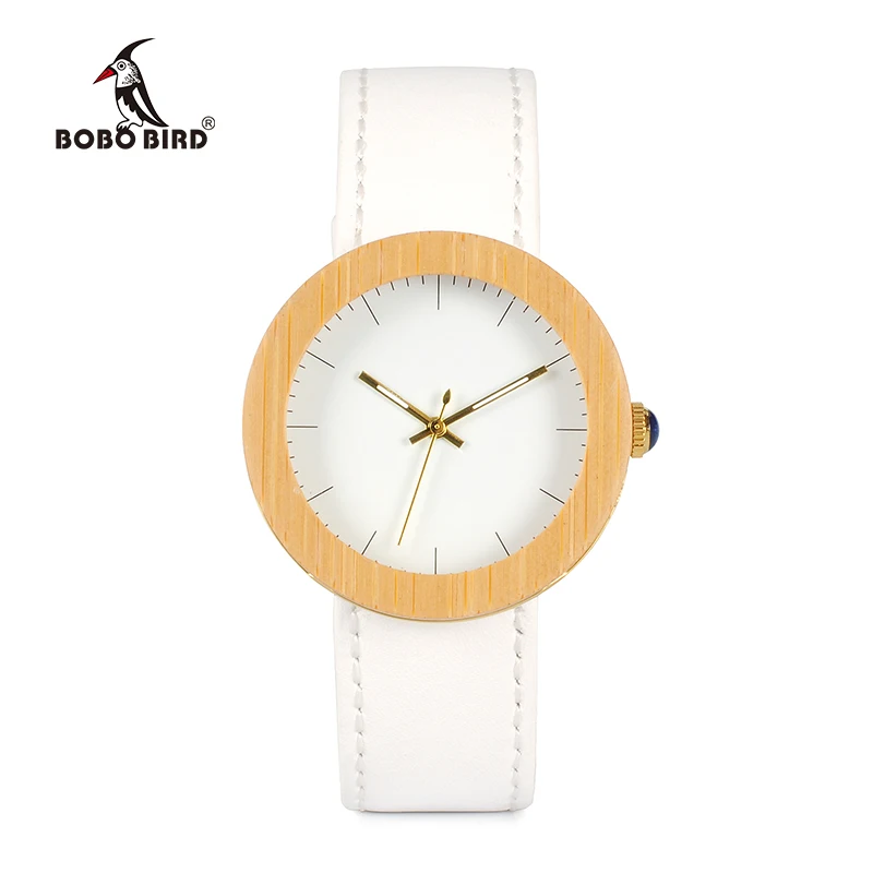 BOBO BIRD-Montre à quartz en acier au bambou pour femme, bracelet en cuir véritable avec boîte en bois, cadeau personnalisé, marque, WJ27