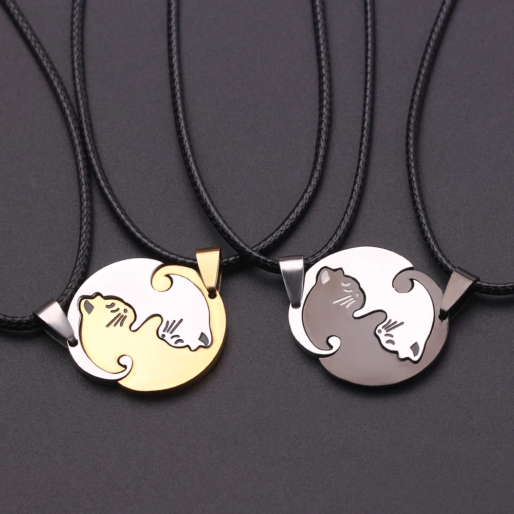 Two Cat Couples Jewelry Necklace Black White Kitten Animal Pendant Choker Necklace Women Valentine's Day Thanksgiving Day Gift