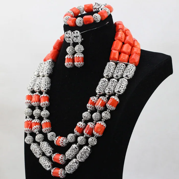 Real Coral African Beads Jewelry Sets Silver Accessories Indian Bridal Necklace Earrings Set 2017 New Wedding Gift ABH266