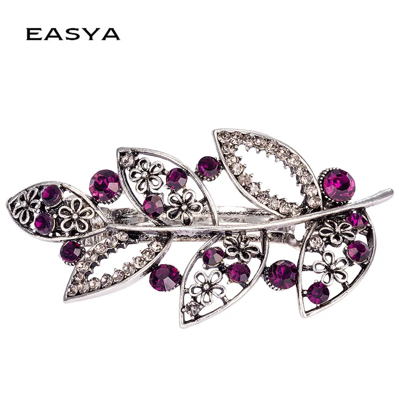 EASYA Blue Purple Crystal Leaf Barrettes Hairwear Hair Accessories Vintage Rhinestone Leaves Hairpin Clips Ornaments