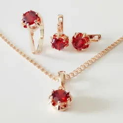 New Fashion Jewelry Set 585 Rose Gold Color Jewelry Trendy Round Red Cubic Zircon Women Necklace Earrings Wedding Jewelry Sets