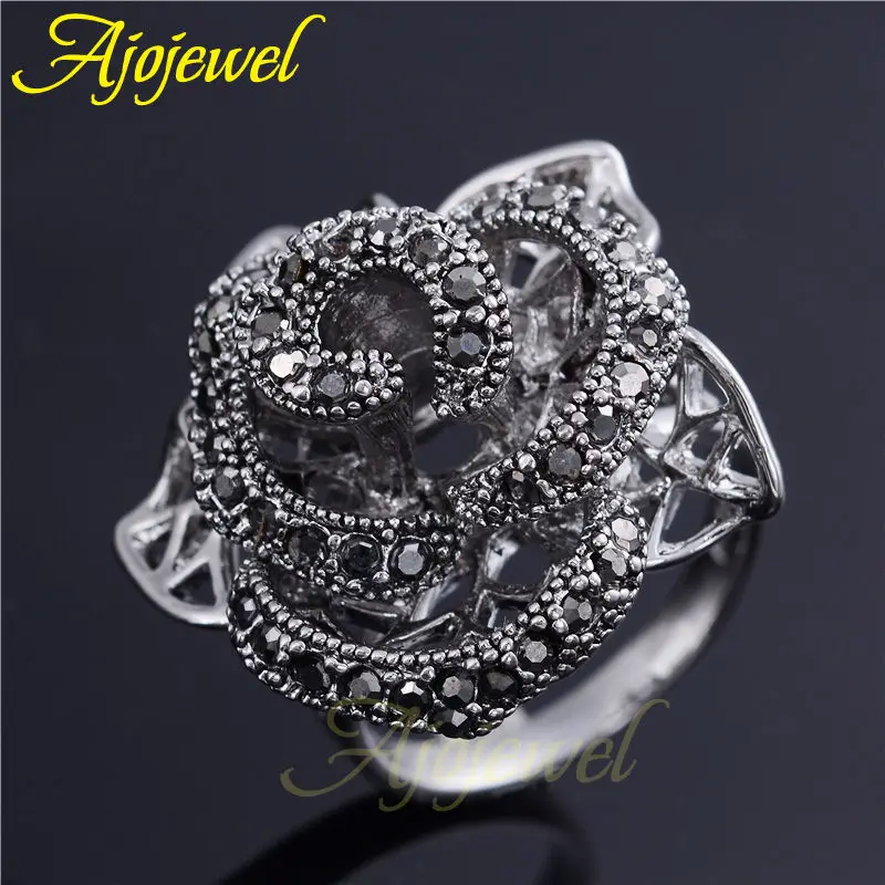 Ajojewel Women‘s Big Multilayer Flower Ring Black Rhinestone Hollow Plant Jewelry Retro Gift Items Bijoux Femme