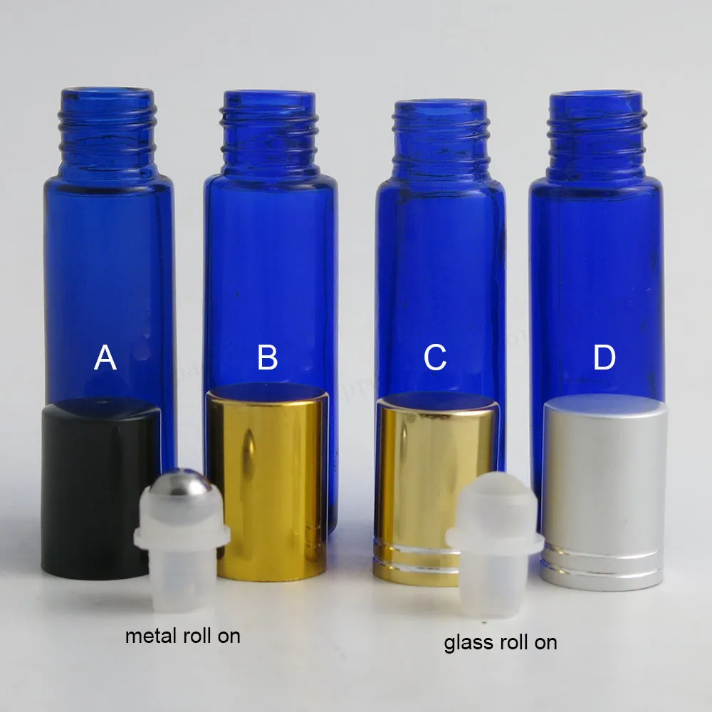 10ml Empty blue glass roll on bottle with Aluminium Plastic lids Glass Stainless Steel Ball 10cc  1/3ozPerfume roll-on bottle