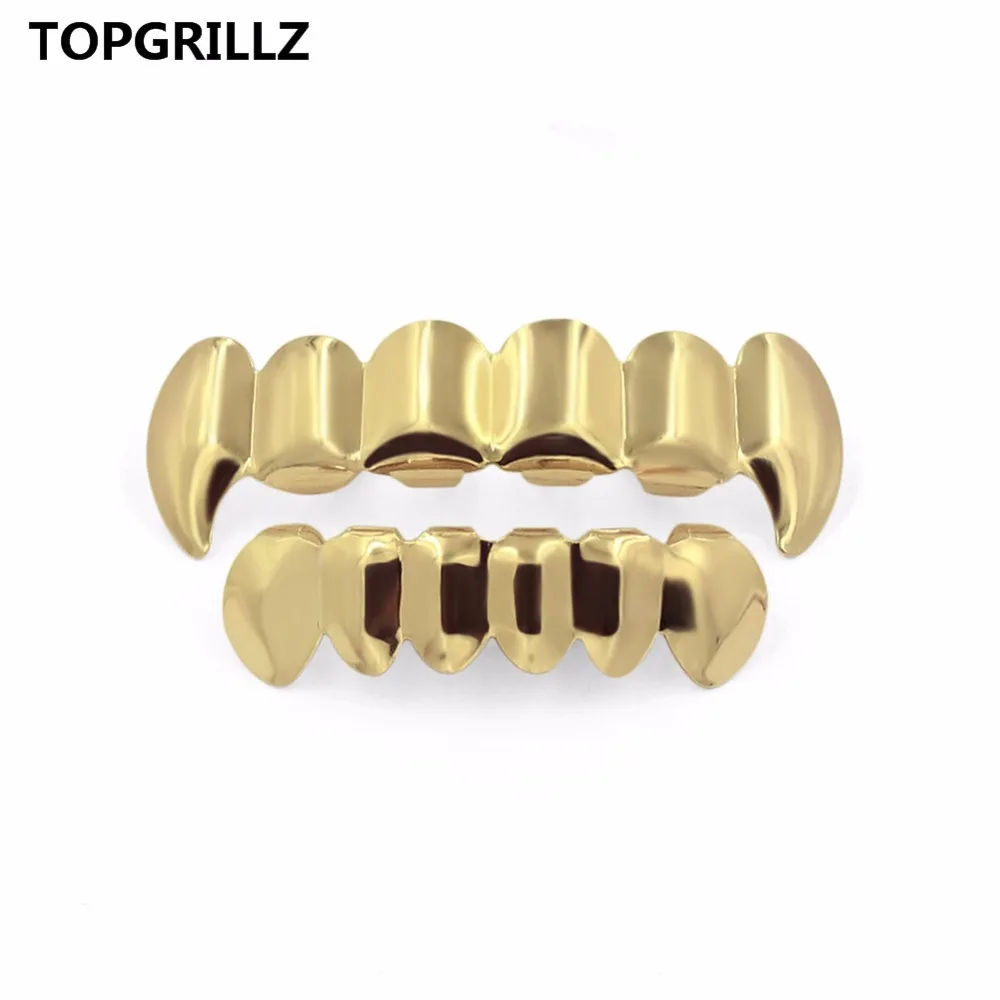 TOPGRILLZ Pure Gold Color Plated HIP HOP Teeth Grillz Top & Bottom Grill Set With silicone Teeth ship from US