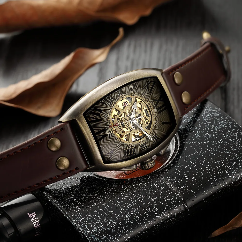 Luxury Brand Automatic Watches Men Skull Skeleton Self Winding Wristwatch Male Retro Fashion Clock Leather Watches relogio 2021