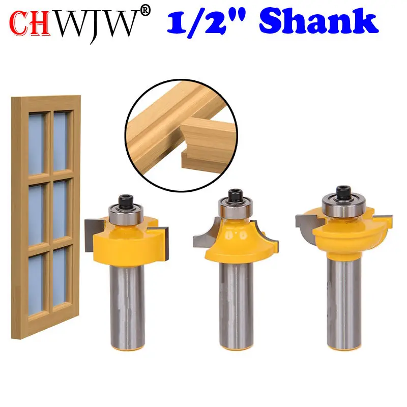 

3pcs/set Glass door plank wood working tools curboard cutter router bits 1/2 shank T type ballnose