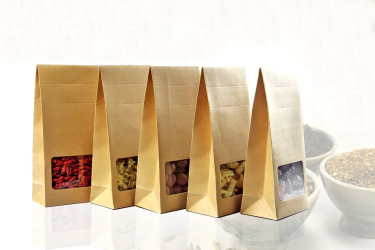 10*23.5*6cm 50pcs Quality packaging Kraft paper Stand Up bag Food Square window box Bags of nuts/Tea/Cake/Cookies/Coffee bags