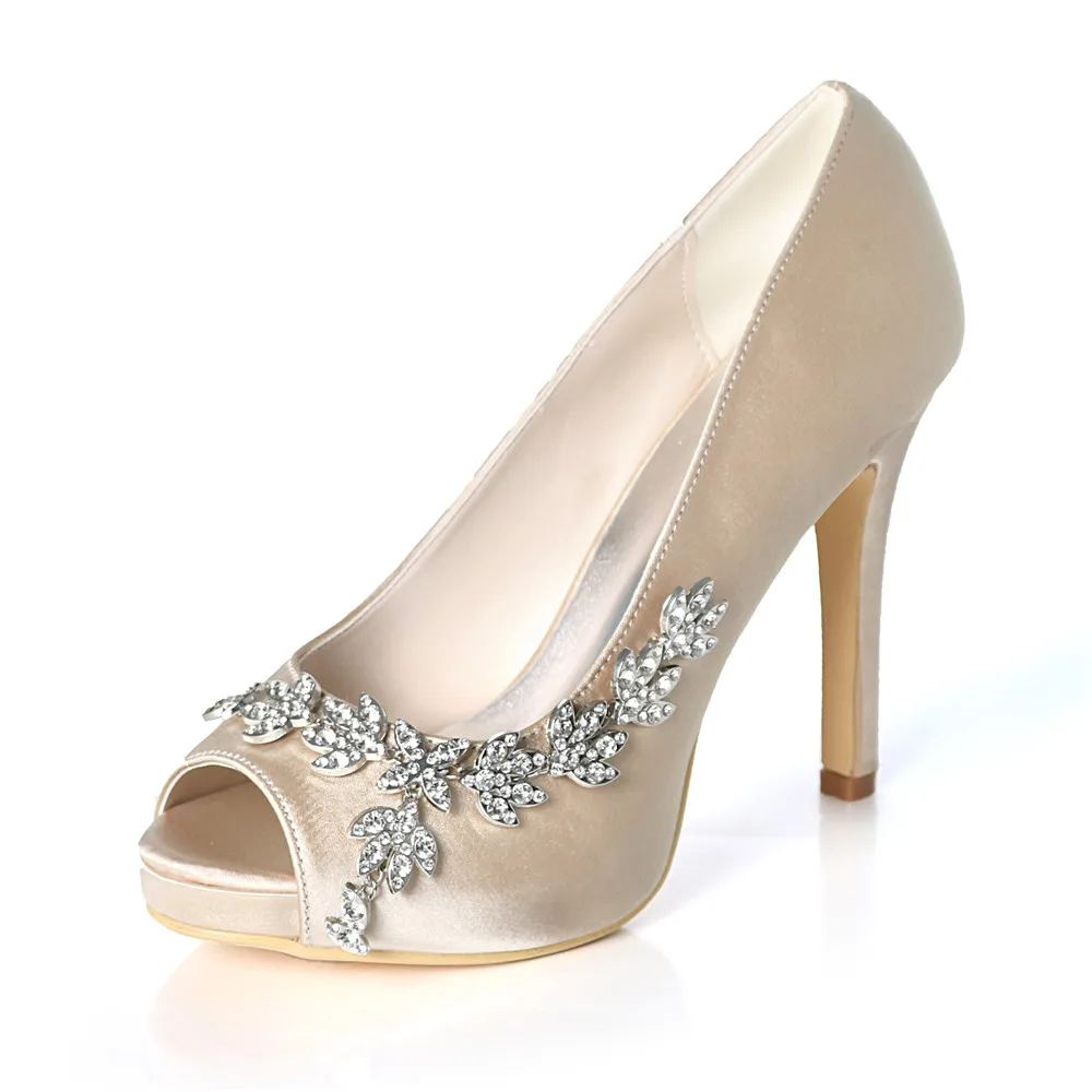 High Heel Platform Women Wedding Shoes Satin Rhinestone Women Heels Peep Toe Prom Evening Formal Party Ladies Pumps