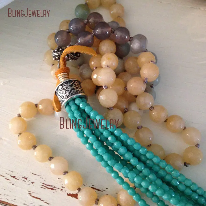 Beachy Bohemia Necklace Knot Jades and Onyx Beads  with Howlite  Tassel NM20629