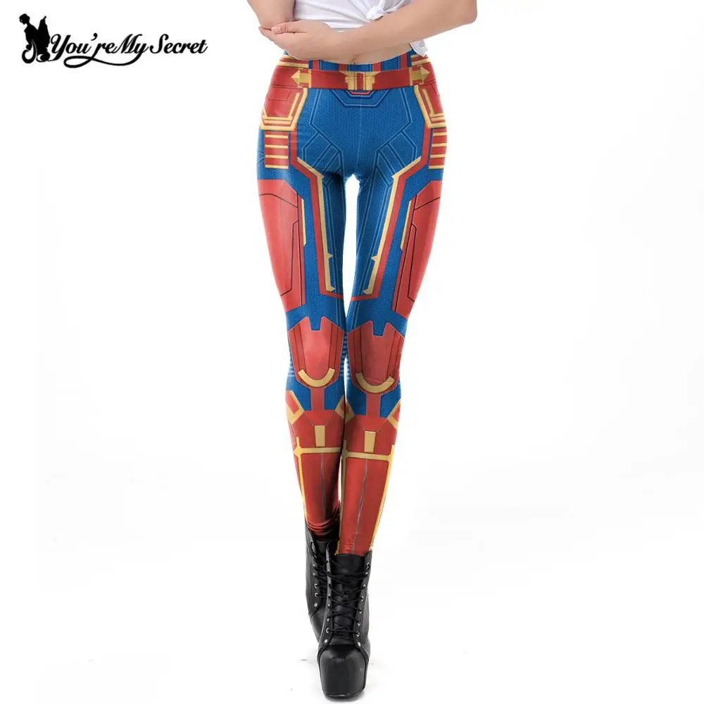 [You\'re My Secret] Punk Style Armor Printed Leggings Female Captain Cosplay Costume Mid Wasit Slim Leggins High Elastic Pants