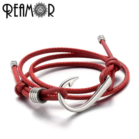 REAMOR 316L Edelstahl Angelhaken Männliche Charms Armreifen Einstellbar Mehrere Schichten 2mm Leder Seil Trendy Frauen Armband