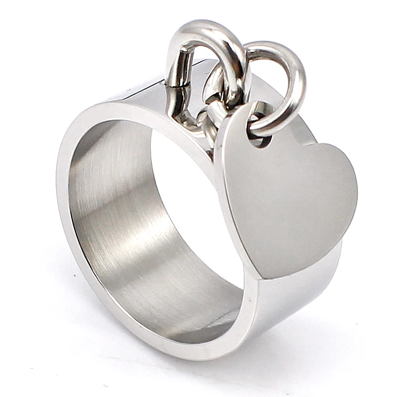 Stainless Steel Women Jewelry 10mm Trendy Cocktail Party Finger Ring Fashion Silver Color Heart Pendant Rings Size 6 9 8 7 10 11