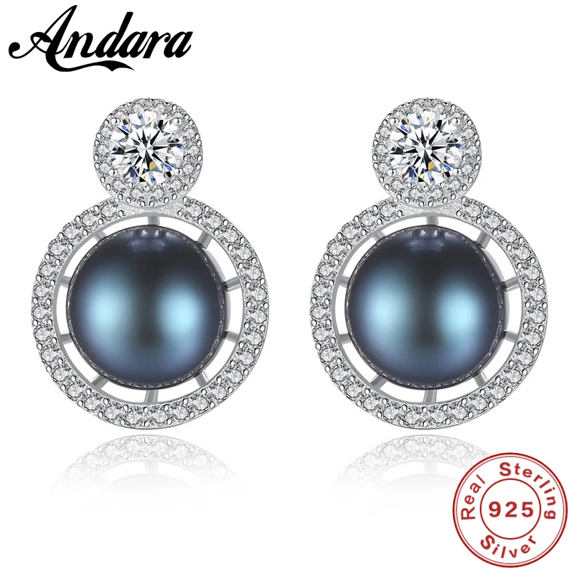 High Quality S925 Sterling Silver White Black Pearl Earrings Clear CZ Zircon Woman Earring Free Shipping