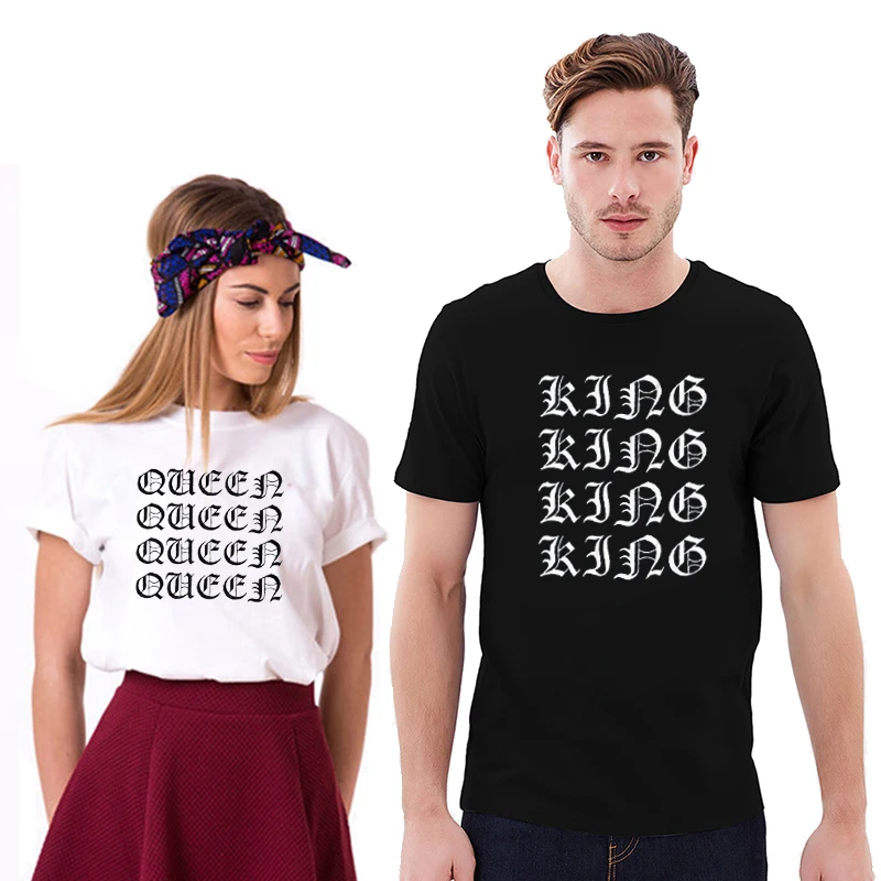 Skuggnas Couple Tshirt King Queen T-Shirts Matching Old English Letter Printing Good Quality Unisex Fashion Casual Tee Tops