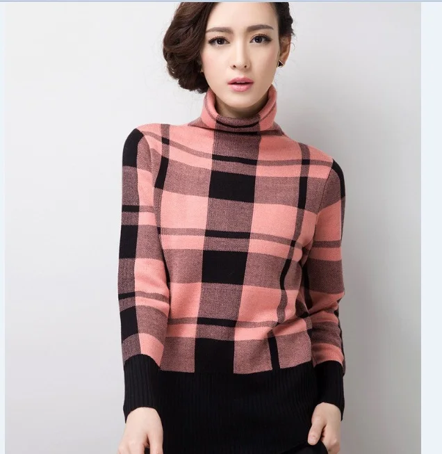 High Quality Winter Women's Turtleneck Plaid Sweater Ladies  Fashion Striped High Collar Thick Warm Sweaters Pullovers