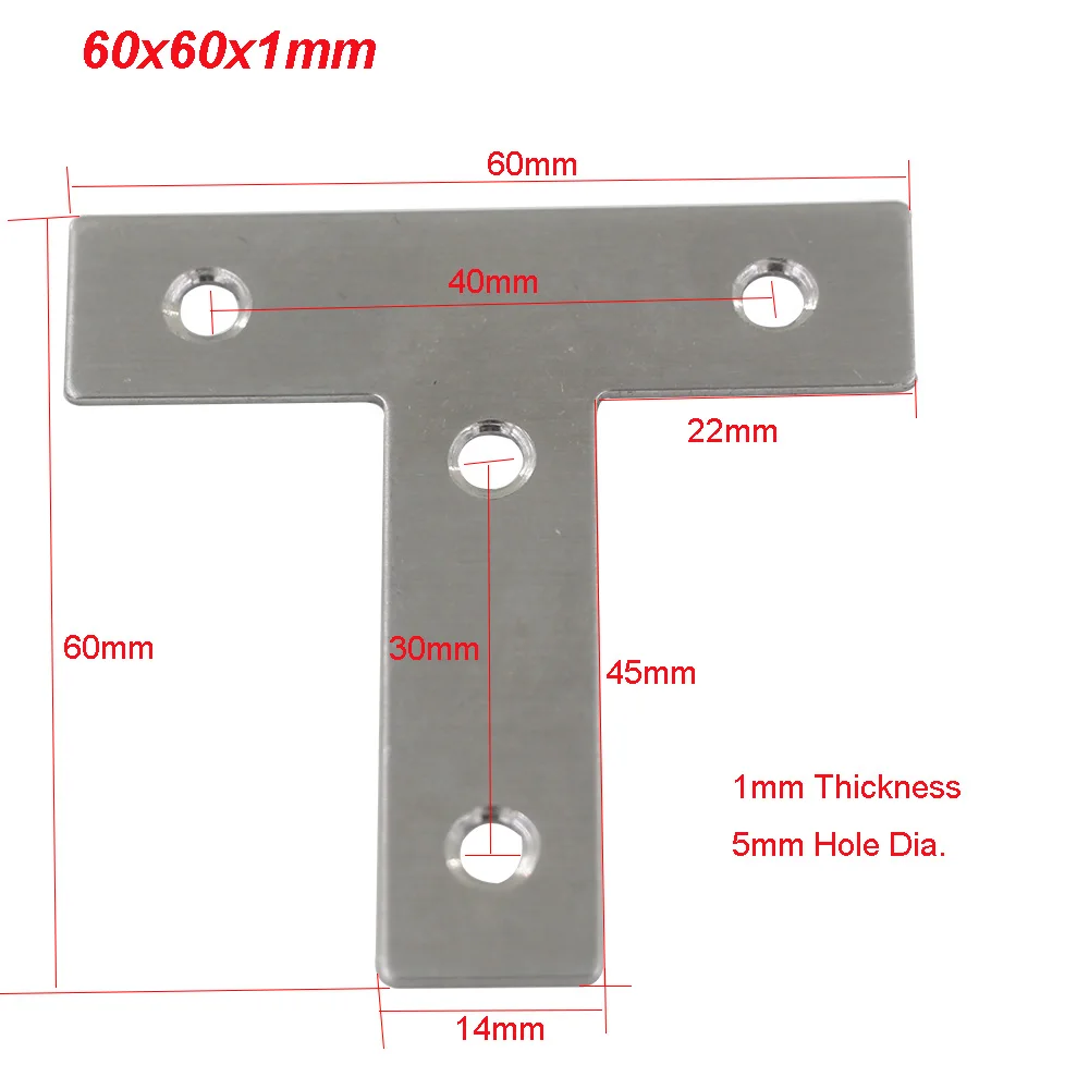 10pcs 60mm x 60mm T Type Bracket Stainless Steel 1mm Thickness Mending Repair Connector Corner Angle Bracket