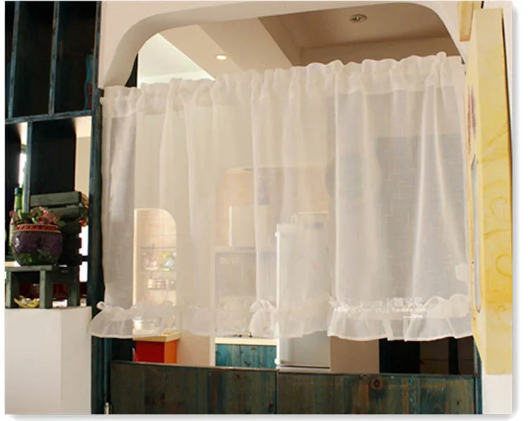 White Half Curtain Fashion Coffee Yarn Lotus Leaf Lace Pure Short Curtain for Bar Kitchen Cabinet Door Children\'s Room