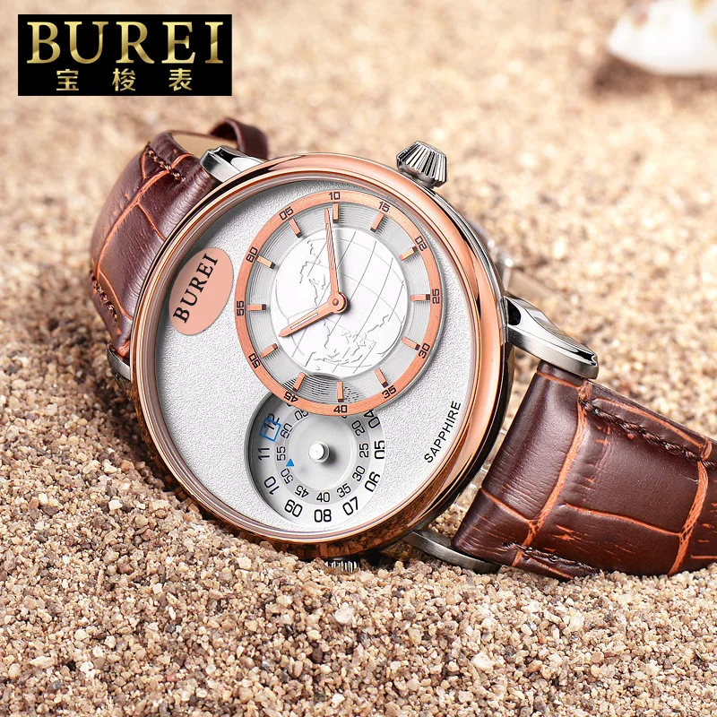 BUREI Brand Fashion Watch Men Luxury Waterproof Business Casual Leather Dual Time Zone Sapphire Quartz Wrist Watch Reloj Hombre