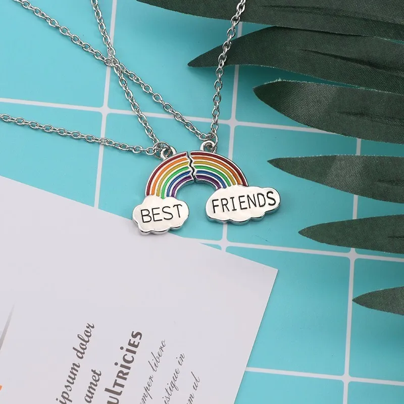 Fashion 2 Pieces / Set Of Rainbow Pendant Necklace Stitching Best Friend Style Necklace BFF Chain DIY Jewelry Accessories Gift