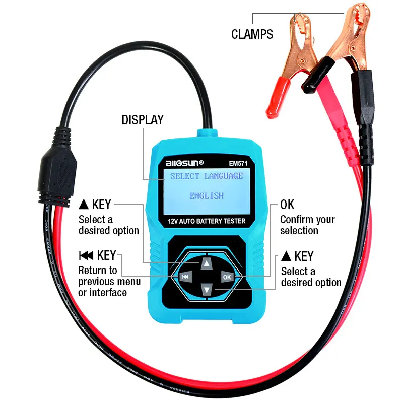 all-sun EM571 12V Automotive Digital Car Battery Tester 100-2000 CCA LCD Cranking Charging Tester Diagnostic Tool Russian