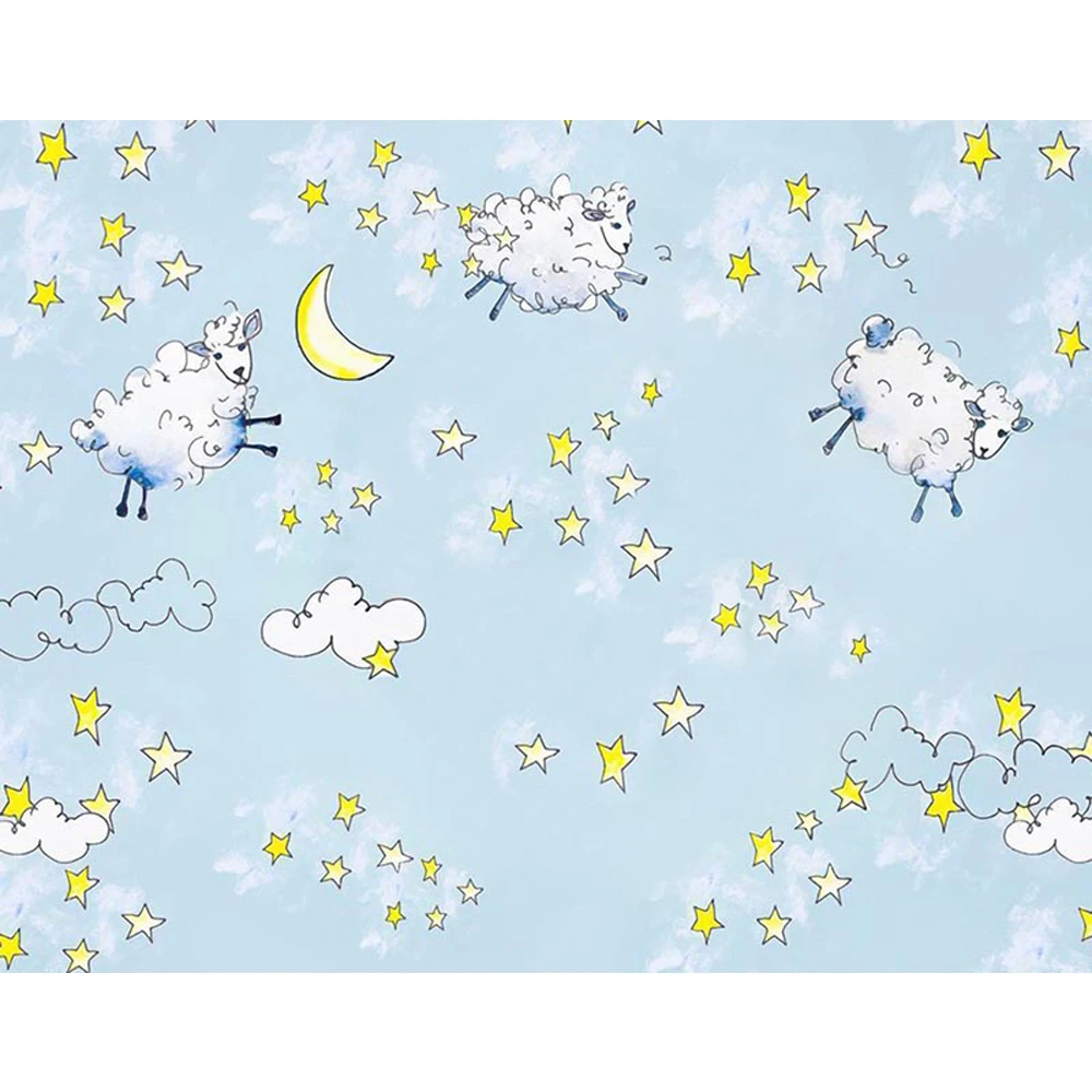 Baby Kids Cartoon Photo Backdrop Printed Little Sheep Light Blue Sky Crescent and Stars Newborn Birthday Photography Background