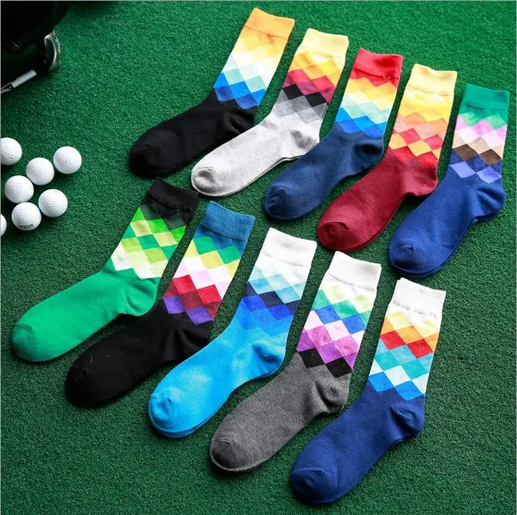 

10 Pairs/Lot Men's socks British Style Plaid calcetines Gradient Color brand elite long cotton for happy men wholesale socks