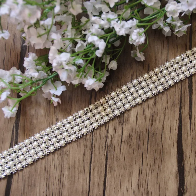 Free Shipping 10yards 4rows Crystal Rhinestone&Pearl Mesh Trim, Rhinestone Applique,Wedding Applique,Rhinestone Chain LSRT12192