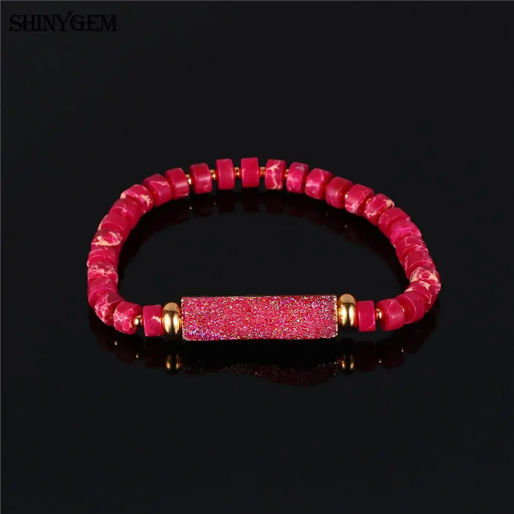 

ShinyGem Handmade DIY Rose Red Sea Sediment Rondelle Bead Bracelet Fashion Gold Plating Rectangle Druzy Stone Bracelet For Women