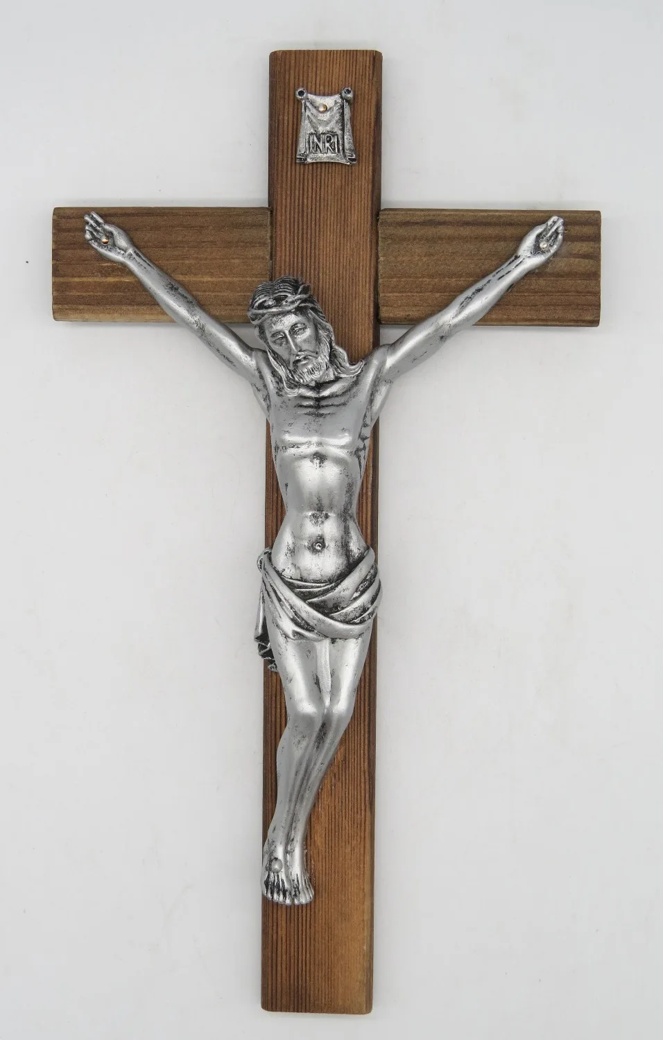 12 Inch Wall Crucifix Jesus Christ on Carbonized Wood Cross Resin Antique Silver Finish Jesus on INRI Cross Home Chapel Decor