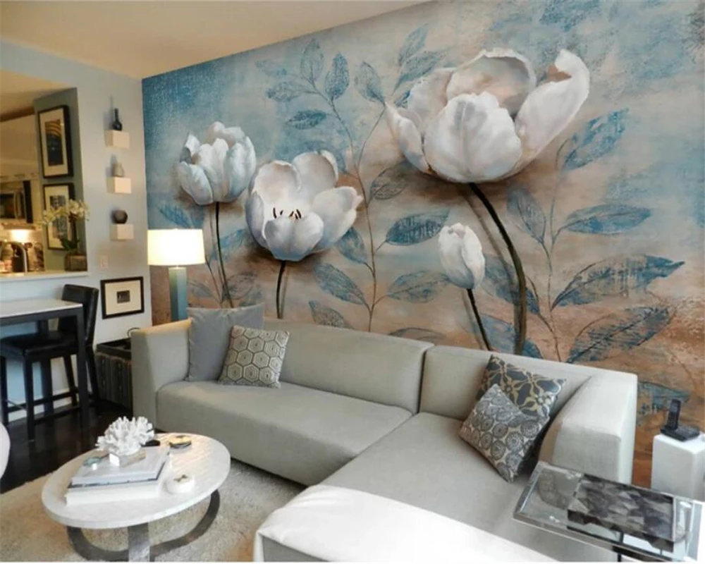 beibehang Custom large wallpaper 3d luxury europe three bloom tulip flower painting background wall murals living room wallpaper