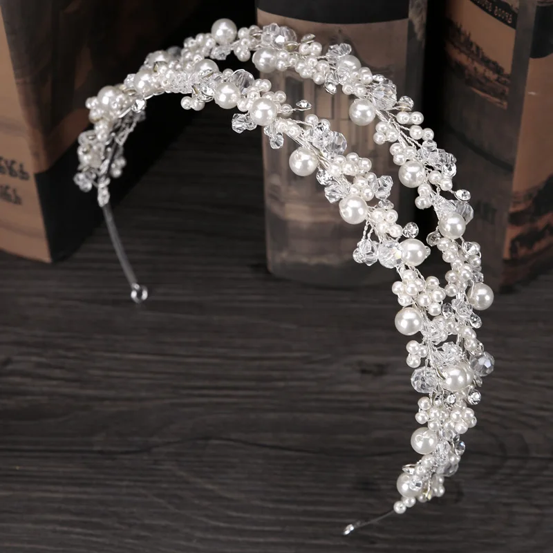 GETNOIVAS Women Double Row Pearl Crystal Beads Headband Hairband Tiara Princess Bridal Wedding Crown Hair Jewelry Accessories SL