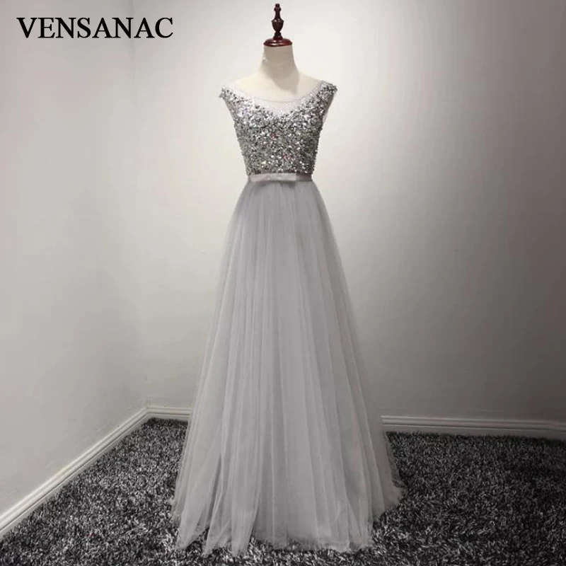 

VENSANAC Crystals Sequined O Neck Long Evening Dresses 2018 A Line Lace Elegant Bow Sash Tulle Party Prom Gowns