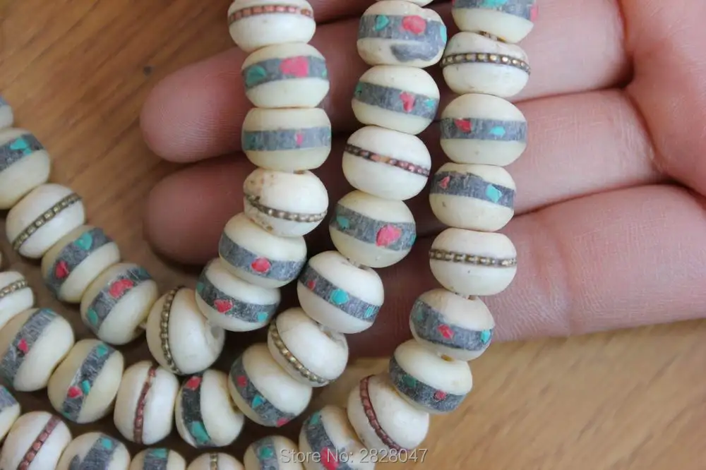 ML018 Vintage Tibetan 108 Bone Prayer Beads Mala Handmade Nepal 11mm*9mm Bone Inlaid Colorful Stone Prayer Necklace Mala