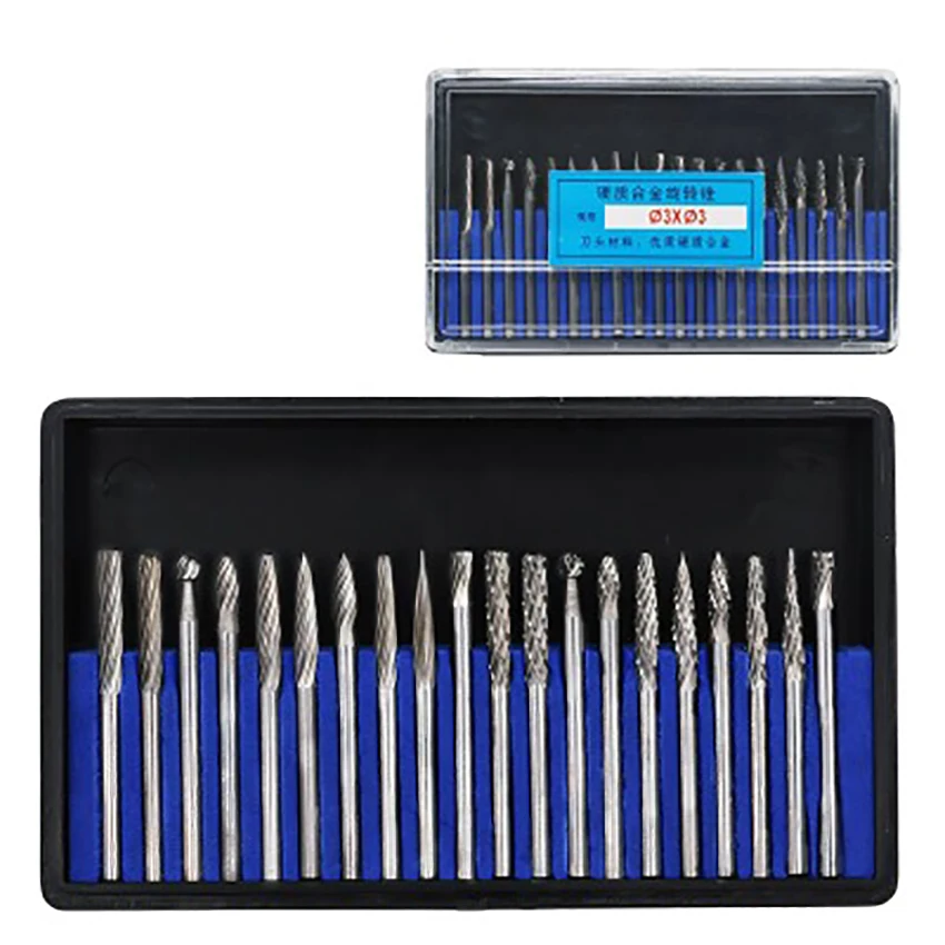 Tungstênio Aço Carboneto Rotary Arquivos, Fresa, Moedor Wind-Mill Acessórios, 3mm Handle, Rebarbação, Moagem Bit, 20pcs por conjunto