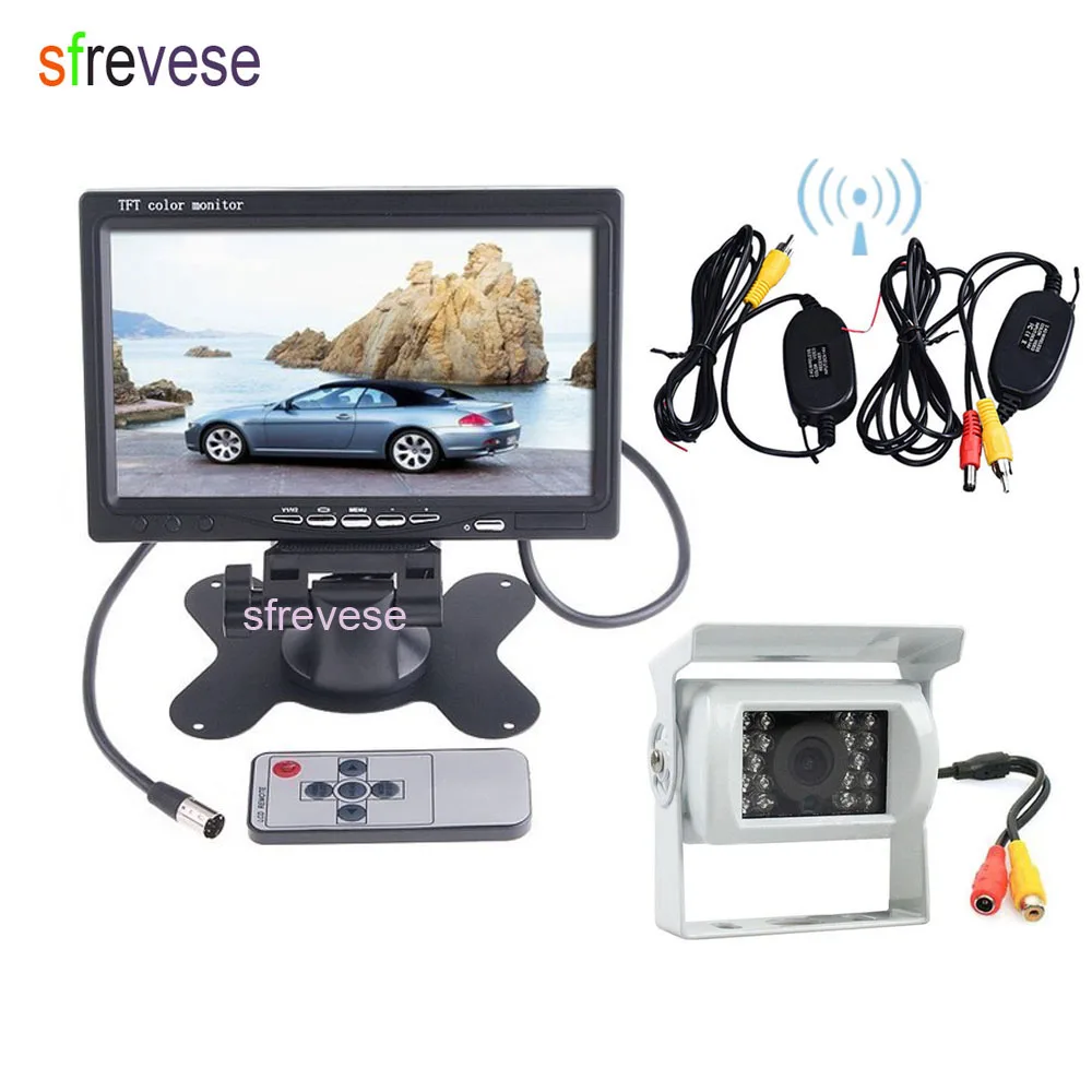 

7" LCD Monitor Car Rear View Kit + Wireless 18 IR Car CCD Reversing Backup Camera White Parking System