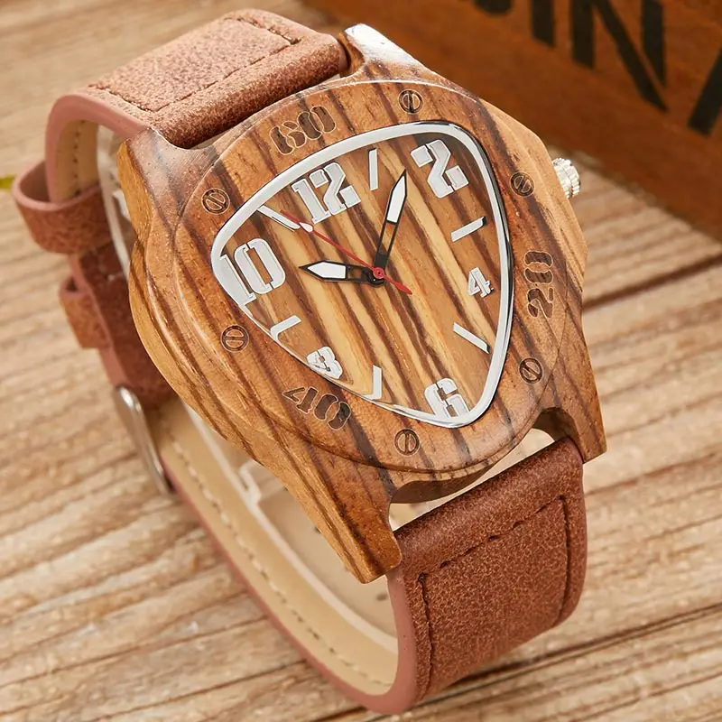 Fashion Unique Triangle Design Men Women Wood Watch Natural Bamboo Handmade Quartz Watch With Leather Strap Relogio Masculino